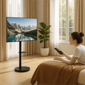 מעמד רצפתי שחור מעוצב עם גלגלים סמויים למסכים עד 43″ AL-45